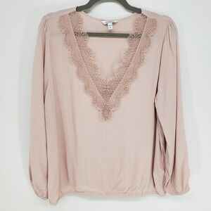 Express Lace Trim V-Neck Blouse Womens Large Pink Long Sleeve Top Victorian Boho